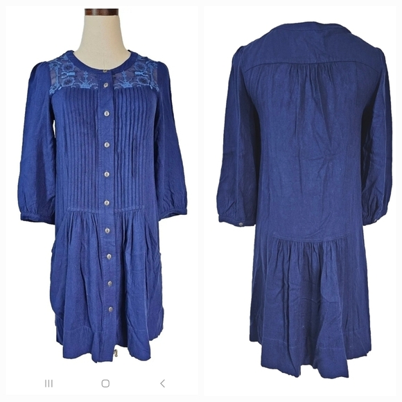 Anthropologie Dubois Embroidered Blue Boho Lagenlook  Tunic  Short Dress Size 0 - Picture 1 of 15